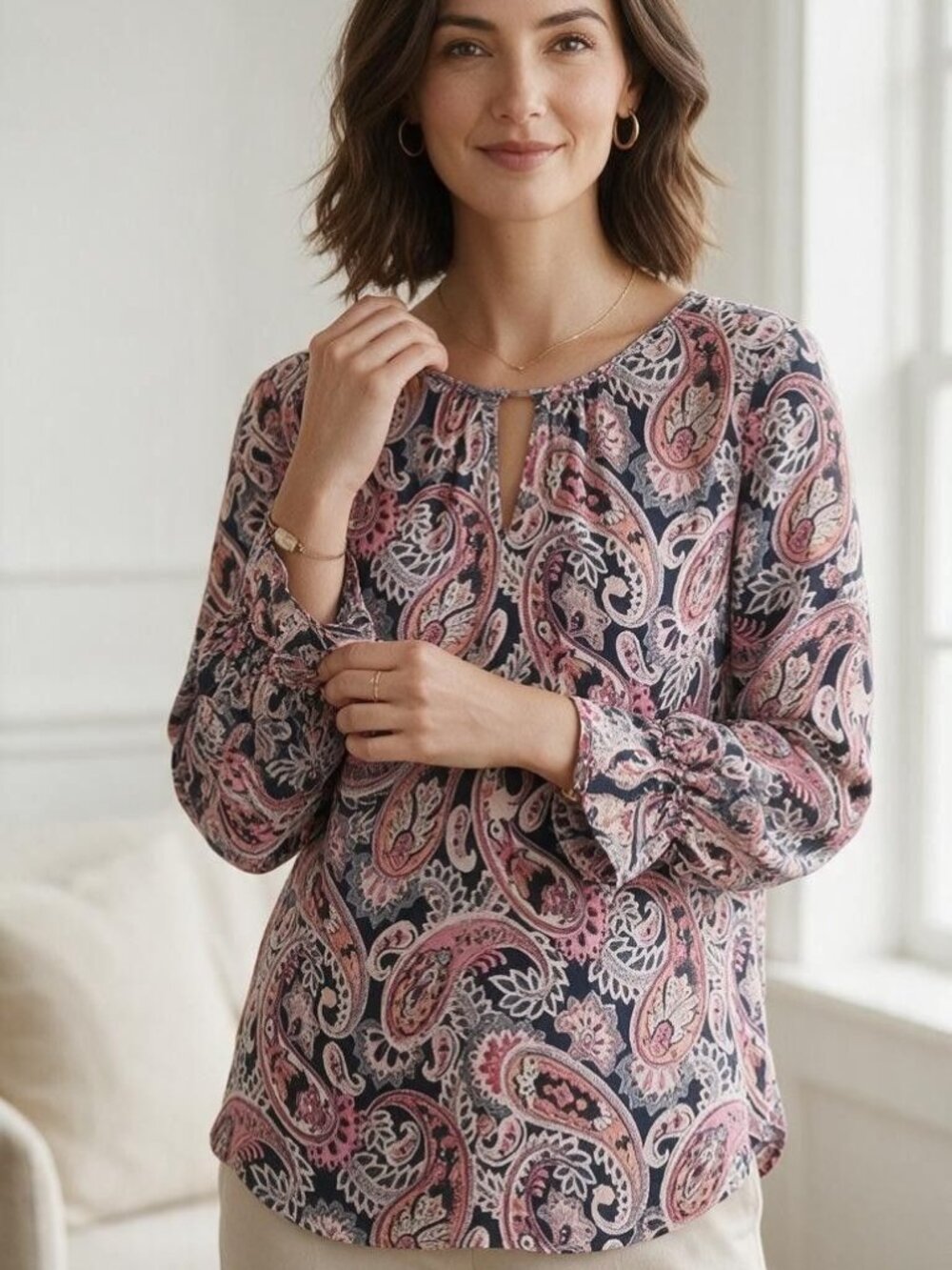 Talbots Paisley Blouse L Pink Navy Blue Gathered Sleeve Boho Office Wear